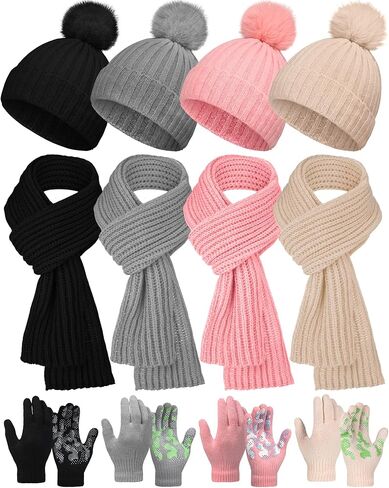 JaGely 12 Pcs Winter Hat Gloves Scarf Set Kids Knit Pompom Beanie Hat Gloves Neck Scarves for Cold Weather Beanies for Gift in Saudi Arabia