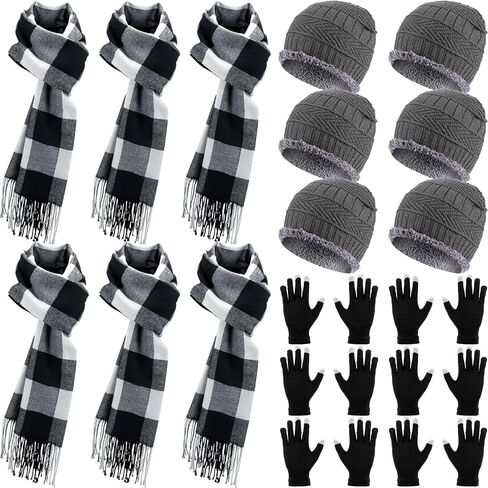 Geyoga 24pcs Winter Glove Scarf Hat Sets Knitted Beanie Hat Bulk Buffalo Plaid Scarf Touch Screen Gloves for Men Homeless in Saudi Arabia