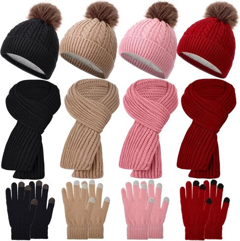 12 Pcs Kids Beanie Hat Scarf Touchscreen Gloves Winter Set Warm Pom Pom Hat Knit Scarves for Girls Boys Cold Weather in Saudi Arabia