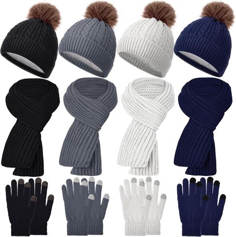 12 Pcs Kids Beanie Hat Scarf Touchscreen Gloves Winter Set Warm Pom Pom Hat Knit Scarves for Girls Boys Cold Weather in Saudi Arabia