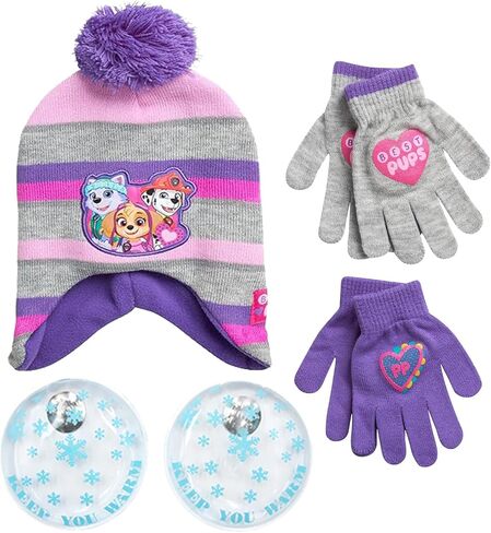 Nicklelodeon Paw Patrol Girls Winter Hat and 2 Pair Mittens or Gloves (Age 2-7), Size Age 4-7, Paw Patrol Purple/Grey Glove with Handwarmers in Saudi Arabia