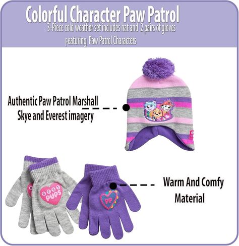 Nicklelodeon Paw Patrol Girls Winter Hat and 2 Pair Mittens or Gloves (Age 2-7), Size Age 4-7, Paw Patrol Purple/Grey Glove with Handwarmers in Saudi Arabia