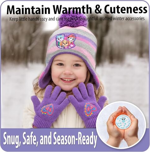 Nicklelodeon Paw Patrol Girls Winter Hat and 2 Pair Mittens or Gloves (Age 2-7), Size Age 4-7, Paw Patrol Purple/Grey Glove with Handwarmers in Saudi Arabia