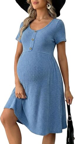 BLENCOT Short Sleeve Maternity Rib Knitted Dress for Spring Summer Button Knit Ribbed Babydoll Pregnancy Dresses with Pocket in Saudi Arabia