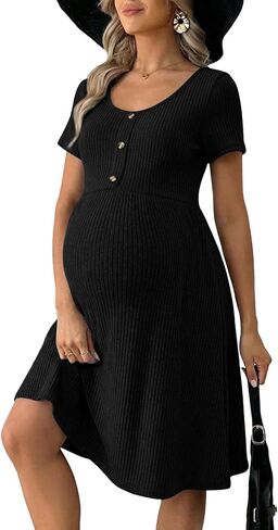 BLENCOT Short Sleeve Maternity Rib Knitted Dress for Spring Summer Button Knit Ribbed Babydoll Pregnancy Dresses with Pocket in Saudi Arabia