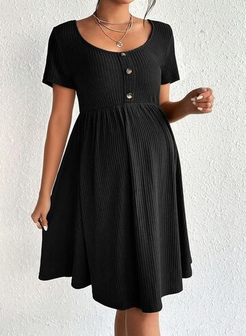 BLENCOT Short Sleeve Maternity Rib Knitted Dress for Spring Summer Button Knit Ribbed Babydoll Pregnancy Dresses with Pocket in Saudi Arabia