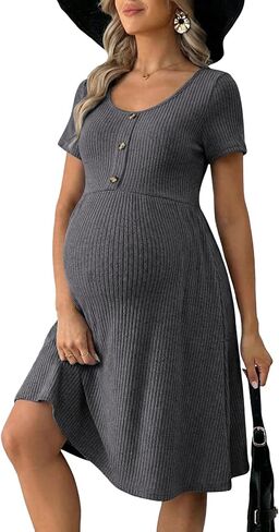 BLENCOT Short Sleeve Maternity Rib Knitted Dress for Spring Summer Button Knit Ribbed Babydoll Pregnancy Dresses with Pocket in Saudi Arabia