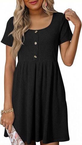 BLENCOT Short Sleeve Maternity Rib Knitted Dress for Spring Summer Button Knit Ribbed Babydoll Pregnancy Dresses with Pocket in Saudi Arabia