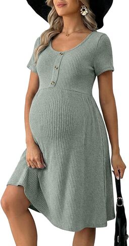 BLENCOT Short Sleeve Maternity Rib Knitted Dress for Spring Summer Button Knit Ribbed Babydoll Pregnancy Dresses with Pocket in Saudi Arabia