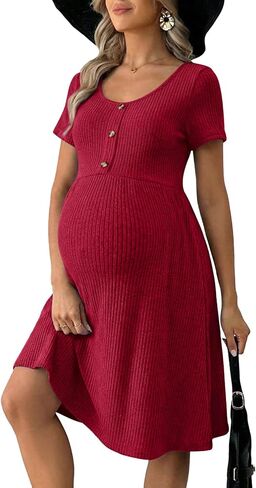 BLENCOT Short Sleeve Maternity Rib Knitted Dress for Spring Summer Button Knit Ribbed Babydoll Pregnancy Dresses with Pocket in Saudi Arabia