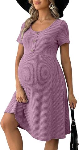 BLENCOT Short Sleeve Maternity Rib Knitted Dress for Spring Summer Button Knit Ribbed Babydoll Pregnancy Dresses with Pocket in Saudi Arabia