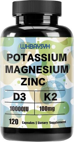 مكمل البوتاسيوم والمغنيسيوم، والبوتاسيوم والمغنيسيوم والزنك مع فيتامين D3 وK2، وتوازن إلكتروليت عالي القوة، ودعم الطاقة، نباتي، غير معدل وراثيًا، 120 كبسولة نباتية (عبوة من 1) in Kuwait
