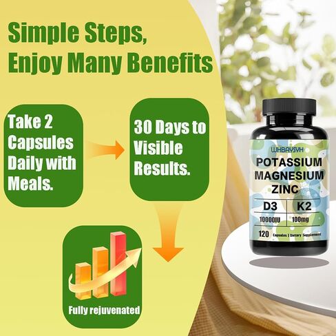 مكمل البوتاسيوم والمغنيسيوم، والبوتاسيوم والمغنيسيوم والزنك مع فيتامين D3 وK2، وتوازن إلكتروليت عالي القوة، ودعم الطاقة، نباتي، غير معدل وراثيًا، 120 كبسولة نباتية (عبوة من 1) in Kuwait