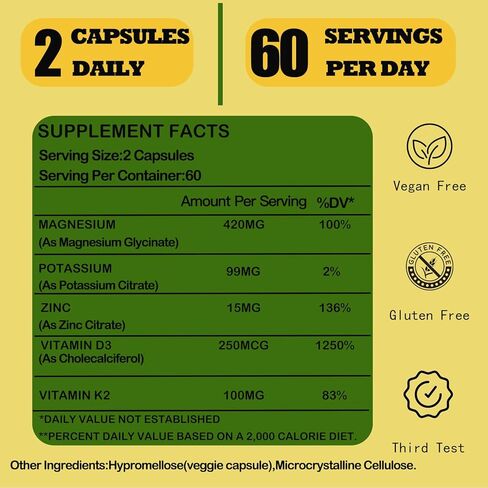 مكمل البوتاسيوم والمغنيسيوم، والبوتاسيوم والمغنيسيوم والزنك مع فيتامين D3 وK2، وتوازن إلكتروليت عالي القوة، ودعم الطاقة، نباتي، غير معدل وراثيًا، 120 كبسولة نباتية (عبوة من 1) in Kuwait