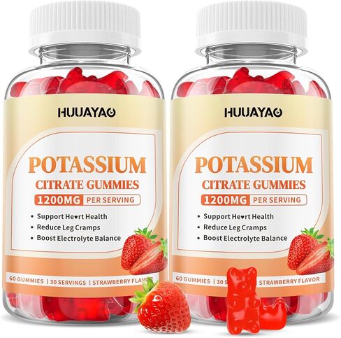 علكة سيترات البوتاسيوم 1200 ملجم للبالغين من النساء والرجال، مكمل بوتاسيوم قابل للمضغ لتقليل تشنجات الساق وصحة العضلات، خالي من السكر، نكهة الفراولة، 60 قطعة in Kuwait