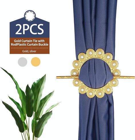 Decorative Curtain Tieback Holders, Silver Metallic Crystal Ring with Rod, 2 Pack, 5.5 x 7.9 Inch Circle Design (Golden) in Saudi Arabia