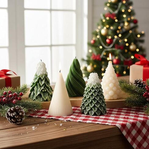 5 Pcs Christmas Tree Shaped Candles 3 x 4.7 Inch Large Wax Scented Soy Candle White Green Swirl Snowy Cedar Tree Design Christmas Table Decorations Indoor for Xmas Holiday Birthday Gifts in Saudi Arabia