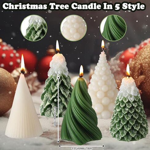 5 Pcs Christmas Tree Shaped Candles 3 x 4.7 Inch Large Wax Scented Soy Candle White Green Swirl Snowy Cedar Tree Design Christmas Table Decorations Indoor for Xmas Holiday Birthday Gifts in Saudi Arabia