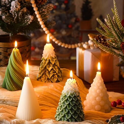5 Pcs Christmas Tree Shaped Candles 3 x 4.7 Inch Large Wax Scented Soy Candle White Green Swirl Snowy Cedar Tree Design Christmas Table Decorations Indoor for Xmas Holiday Birthday Gifts in Saudi Arabia