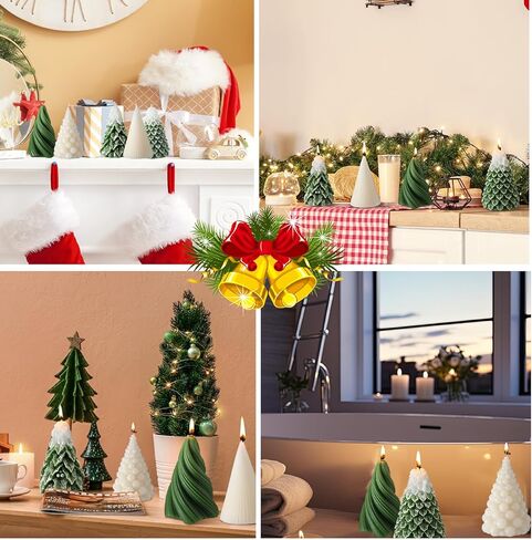5 Pcs Christmas Tree Shaped Candles 3 x 4.7 Inch Large Wax Scented Soy Candle White Green Swirl Snowy Cedar Tree Design Christmas Table Decorations Indoor for Xmas Holiday Birthday Gifts in Saudi Arabia