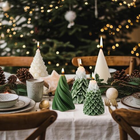 5 Pcs Christmas Tree Shaped Candles 3 x 4.7 Inch Large Wax Scented Soy Candle White Green Swirl Snowy Cedar Tree Design Christmas Table Decorations Indoor for Xmas Holiday Birthday Gifts in Saudi Arabia