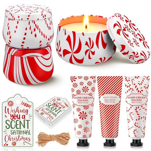 6 Set/ 12 Pcs Christmas Candy Cane Scented Gift Bulk for Women 3.5oz Peppermint Scented Candles Hand Cream Lotion Set Xmas Stocking Stuffer Secret Sister Gifts for Employee Team Favor in Saudi Arabia