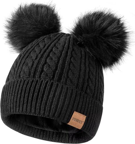 Beanies Women with Double Pom Pom, Winter Hats for Women Cold Weather Warm Knit Fleece Lined, Cute Beanie Cap in Saudi Arabia