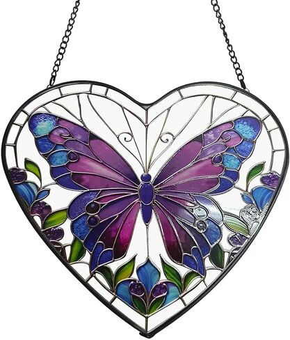 Butterfly Stained Glass Window Hanging, Blue-Purple Butterfly Suncatcher Window Wall Garden Decor with Chain, Heart Suncatchers Gift for Women, Mom, Wife, Aunt, 7.9 in in Saudi Arabia