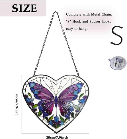 Butterfly Stained Glass Window Hanging, Blue-Purple Butterfly Suncatcher Window Wall Garden Decor with Chain, Heart Suncatchers Gift for Women, Mom, Wife, Aunt, 7.9 in in Saudi Arabia