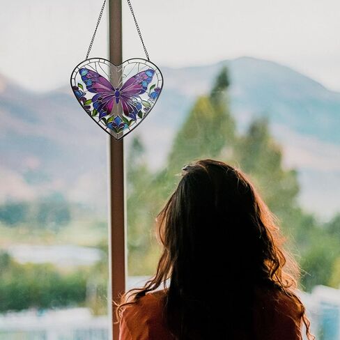 Butterfly Stained Glass Window Hanging, Blue-Purple Butterfly Suncatcher Window Wall Garden Decor with Chain, Heart Suncatchers Gift for Women, Mom, Wife, Aunt, 7.9 in in Saudi Arabia
