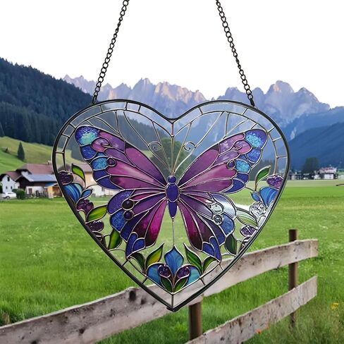Butterfly Stained Glass Window Hanging, Blue-Purple Butterfly Suncatcher Window Wall Garden Decor with Chain, Heart Suncatchers Gift for Women, Mom, Wife, Aunt, 7.9 in in Saudi Arabia