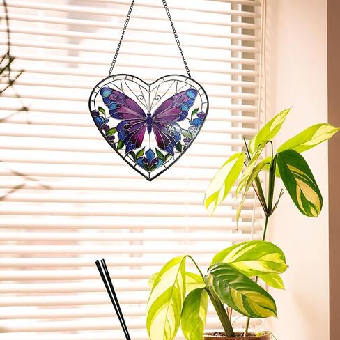 Butterfly Stained Glass Window Hanging, Blue-Purple Butterfly Suncatcher Window Wall Garden Decor with Chain, Heart Suncatchers Gift for Women, Mom, Wife, Aunt, 7.9 in in Saudi Arabia