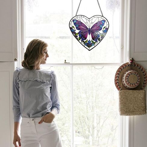 Butterfly Stained Glass Window Hanging, Blue-Purple Butterfly Suncatcher Window Wall Garden Decor with Chain, Heart Suncatchers Gift for Women, Mom, Wife, Aunt, 7.9 in in Saudi Arabia