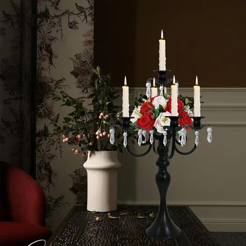 2Pcs Candelabras Centerpieces for Tables, 20" Tall Candlestick Holder for Taper Candles, 5 Arm Crystal Candelabra Candle Holder for Wedding Centerpiece Decor Party Event Reception Decoration (Black) in Saudi Arabia