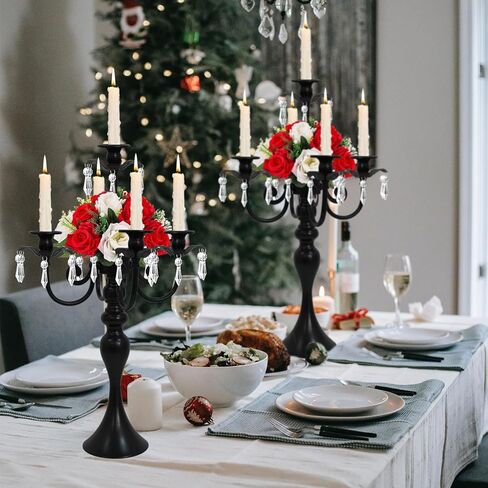 2Pcs Candelabras Centerpieces for Tables, 20" Tall Candlestick Holder for Taper Candles, 5 Arm Crystal Candelabra Candle Holder for Wedding Centerpiece Decor Party Event Reception Decoration (Black) in Saudi Arabia