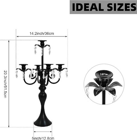 2Pcs Candelabras Centerpieces for Tables, 20" Tall Candlestick Holder for Taper Candles, 5 Arm Crystal Candelabra Candle Holder for Wedding Centerpiece Decor Party Event Reception Decoration (Black) in Saudi Arabia