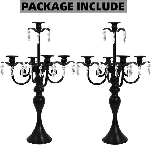 2Pcs Candelabras Centerpieces for Tables, 20" Tall Candlestick Holder for Taper Candles, 5 Arm Crystal Candelabra Candle Holder for Wedding Centerpiece Decor Party Event Reception Decoration (Black) in Saudi Arabia