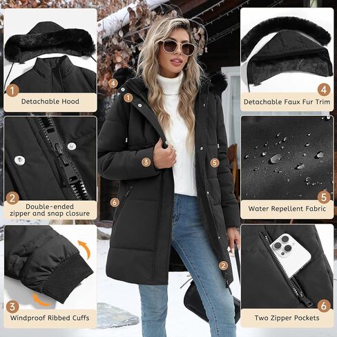 Women's Thicken Puffer Coat Winter Warm Fleece Quilted Jacket Padded Parka Coat with Removable Hood in Saudi Arabia