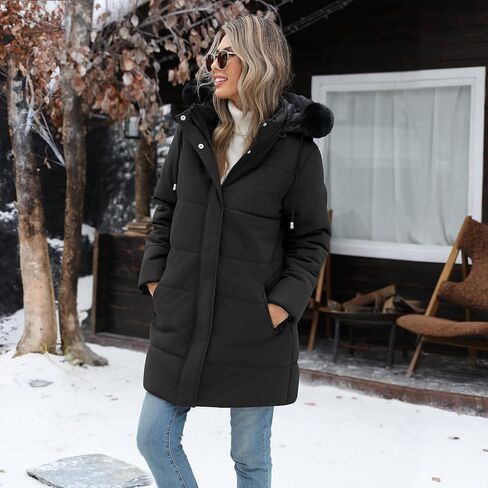 Women's Thicken Puffer Coat Winter Warm Fleece Quilted Jacket Padded Parka Coat with Removable Hood in Saudi Arabia