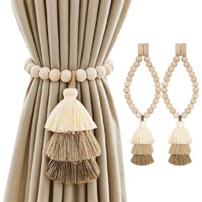 Magnetic Curtain Tiebacks with Wood Beads, Boho Rope Drapery Holdbacks with Triple Tassels, No Drill Curtain Holders for Farmhouse Bedroom, Living Room or Nursery, 2 Pack, Beige Taupe Brown in Saudi Arabia