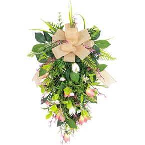 غنيمة الزنبق على شكل دمعة، غنيمة زهور مزخرفة بأوراق خضراء، إكليل ديكور جداري معلق على شكل دمعة، غنيمة زهور التوليب للربيع والصيف للباب الأمامي ديكور نافذة داخلي وخارجي (#2) in Kuwait