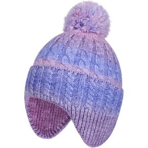 Girls Rainbow Beanie with Earflap,Kids Warm Pom Pom Twisted Knit Winter Hat Ski Skull Cap for Toddler Girls Age 3-8 in Kuwait
