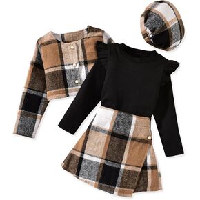 ملابس HINTINA للأطفال البنات مكونة من 4 قطع مكشكشة وأكمام طويلة وتنورة منقوشة وسترة وقبعة مجموعة ملابس الخريف والشتاء in Kuwait