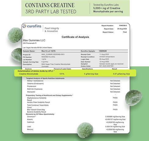 MAX Sugar Free Creatine Monohydrate Gummies - 5g Per Serving, 120 Count - Vegan, Lab Verified, Nothing Artificial – Sour Green Apple in Saudi Arabia