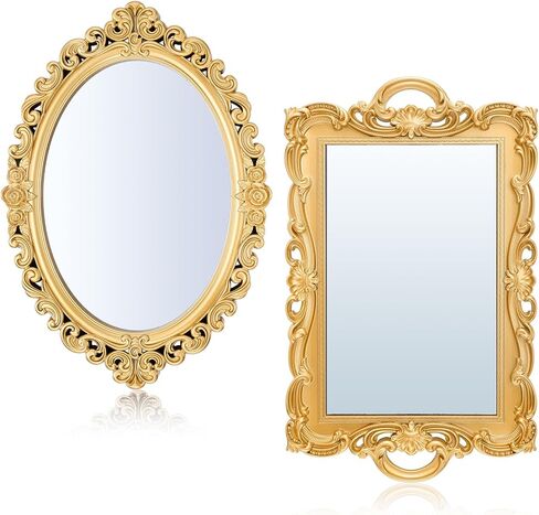 2 Pcs Retro Gold Mirror Set Including 12.6" x 9.1" Oval Antique Decorative Mirror 15.4" x 9.7" Square Antique Gold Mirror Tabletop Makeup Mirror for Bedrooms Living Room Dresser Decorations in Saudi Arabia
