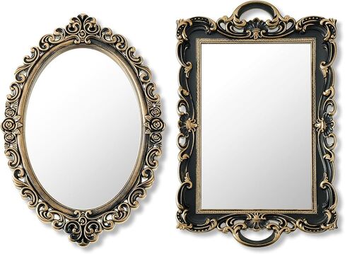2 Pcs Retro Gold Mirror Set Including 12.6" x 9.1" Oval Antique Decorative Mirror 15.4" x 9.7" Square Antique Gold Mirror Tabletop Makeup Mirror for Bedrooms Living Room Dresser Decorations in Saudi Arabia