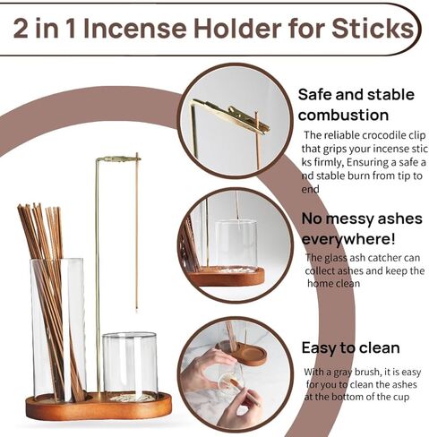 2 in 1 Incense Holder for Sticks with Glass Ash Catcher, Anti-ash Incense Burner for Yoga Meditation Spa Room Decor, Includes Ash Brush in Saudi Arabia