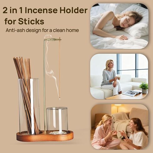 2 in 1 Incense Holder for Sticks with Glass Ash Catcher, Anti-ash Incense Burner for Yoga Meditation Spa Room Decor, Includes Ash Brush in Saudi Arabia