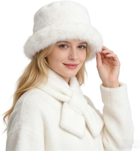 Winter Warm Fur Bucket Hat with Scarf for Women - Russian Style Fluffy Fuzzy Snow Hat Gift for Girls in Saudi Arabia