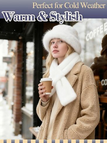 Winter Warm Fur Bucket Hat with Scarf for Women - Russian Style Fluffy Fuzzy Snow Hat Gift for Girls in Saudi Arabia